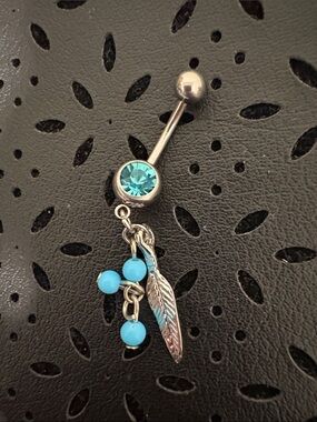 Turquoise Feather Dangle Navel Ring - Women Jewelry